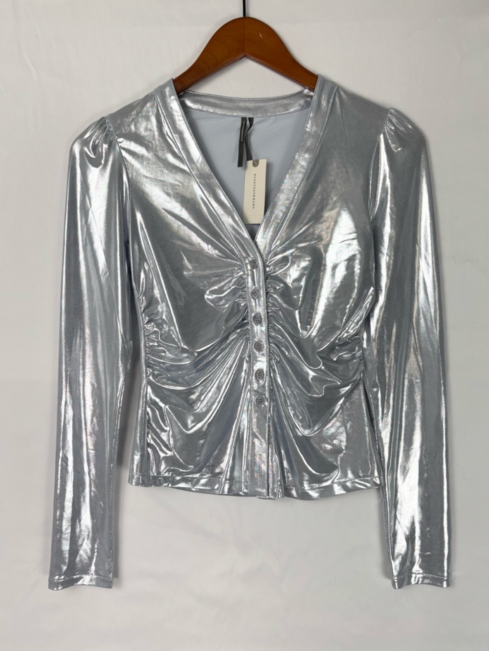 NEW Anthropologie Liquid Shine Ruched Button Down Shirt Silver Size XS